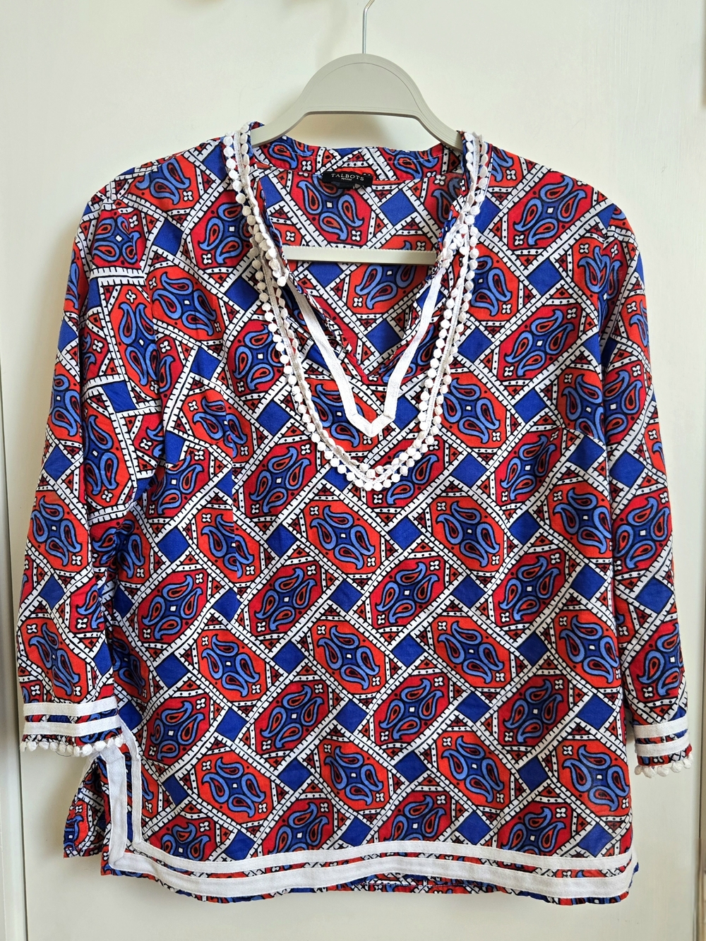 Talbots Red & Blue Cotton Printed V-Neck Embellished Women’s Top